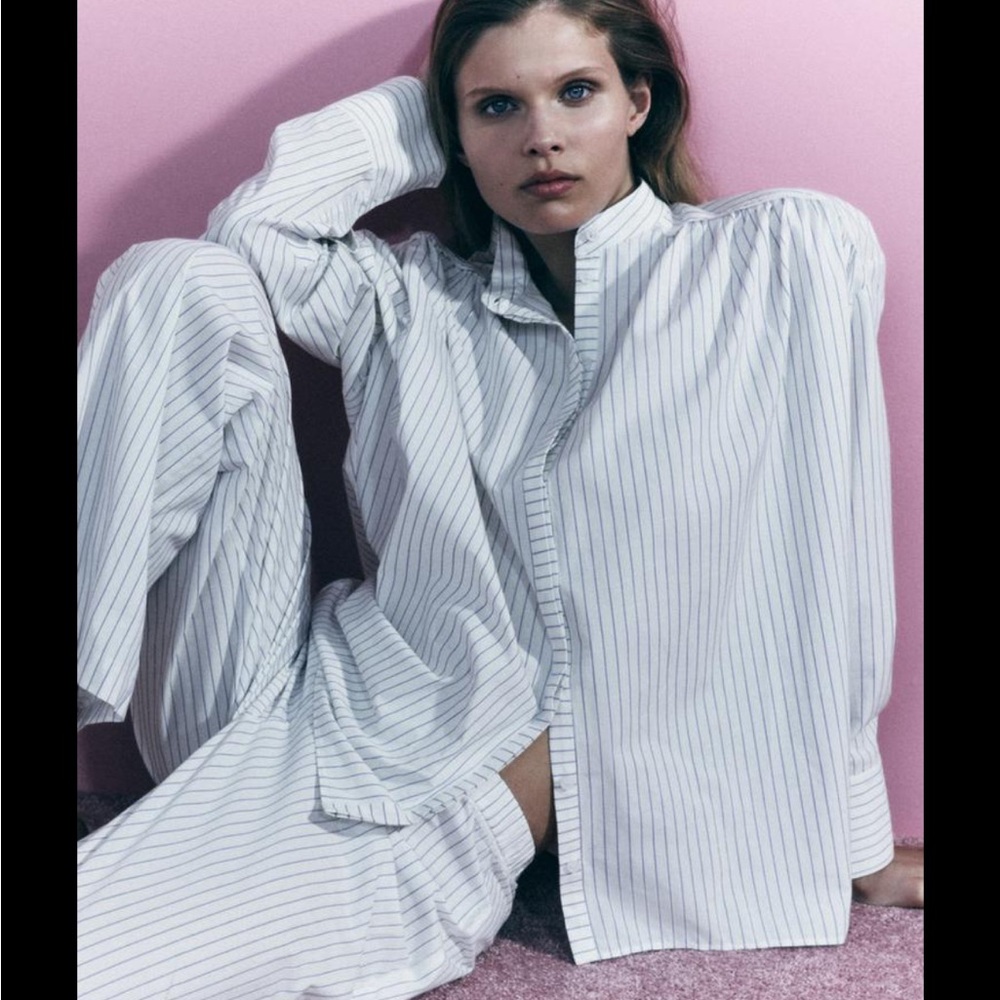 Zara White and Blue Striped Pajama Set